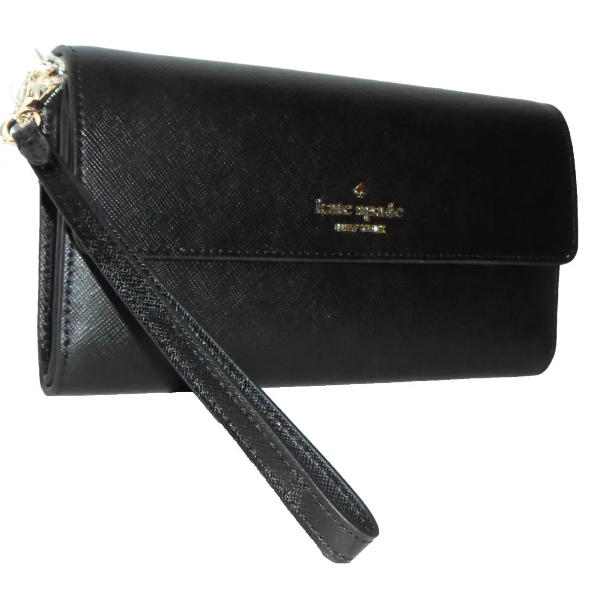Kate Spade Madison Black Saffiano Leather Flap Trifold Wallet Wristlet