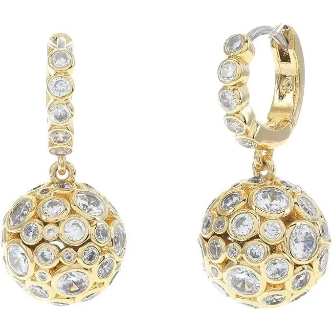Kate Spade Gold Tone Huggie Hoop Earrings Sphere Drop CZ Accents