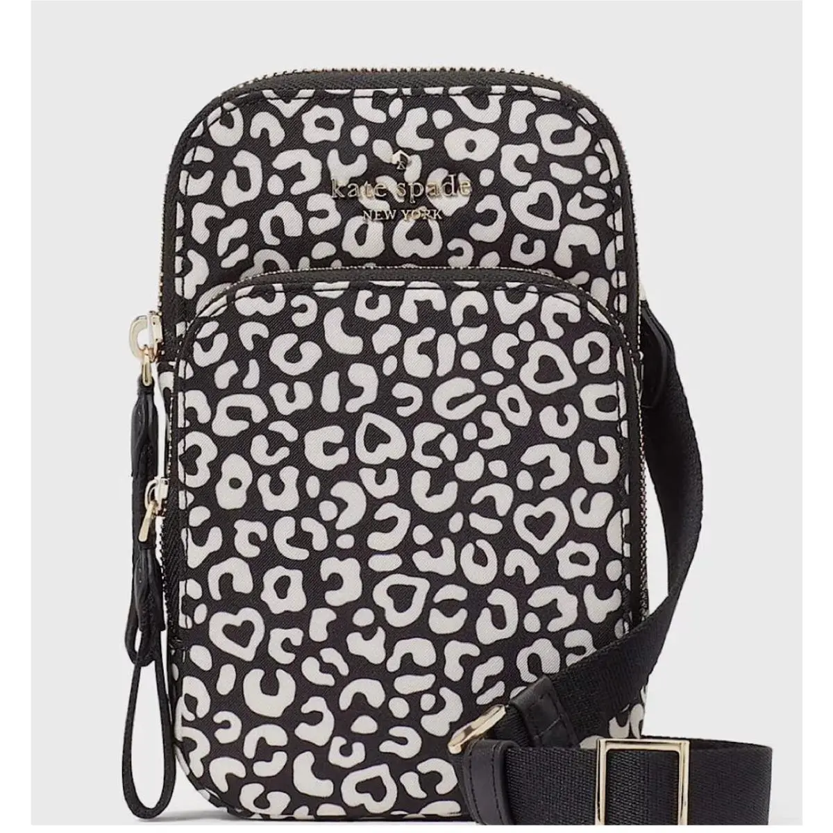 New Kate Spade Chelsea Phone Crossbody Black White Animal Leopard Nylon
