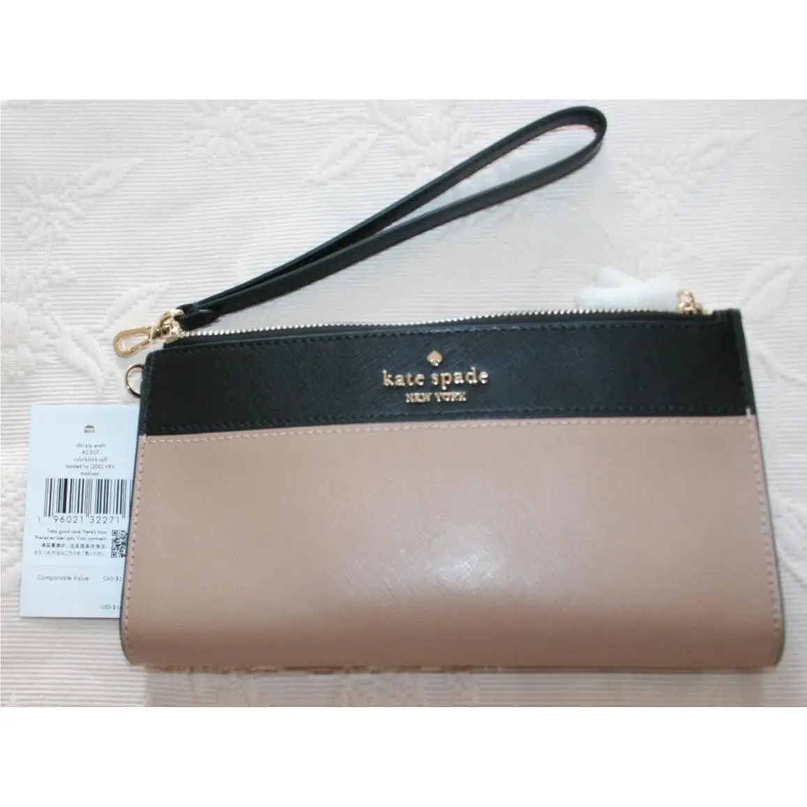 Kate Spade Madison Double Zip Wristlet Wallet Colorlock Black Beige Logo
