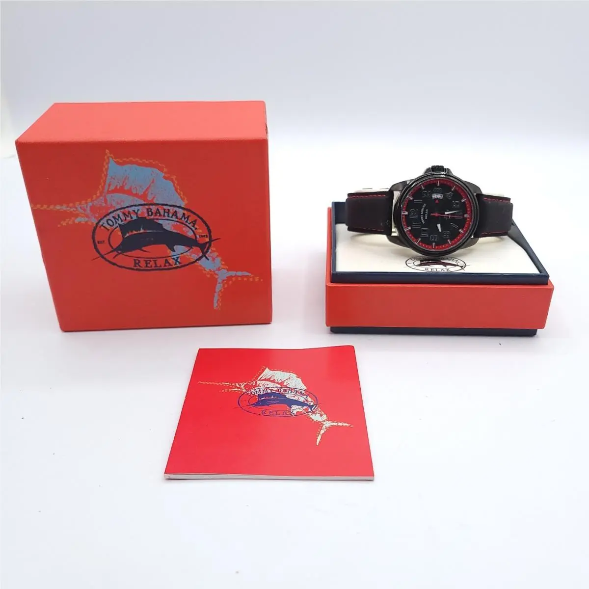 Tommy Bahama Relax Beach Cruiser Watch Mens 42mm Black Red Dial Date Batt