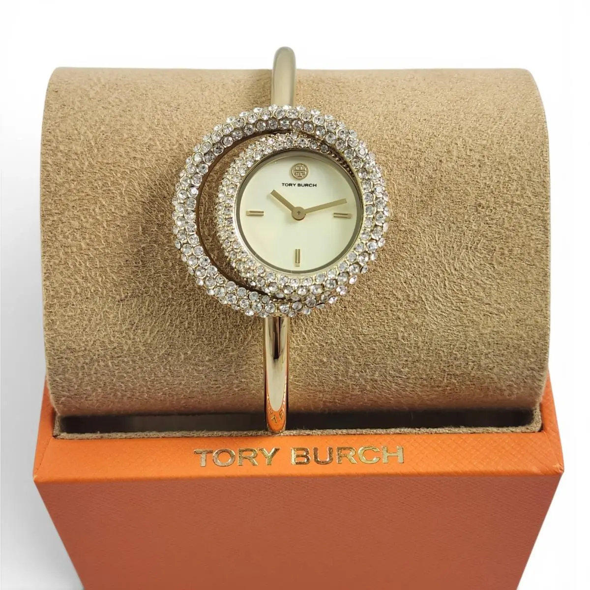 Tory Burch Gold Miller Crystal Swirl Bangle Watch TBW7026 +box