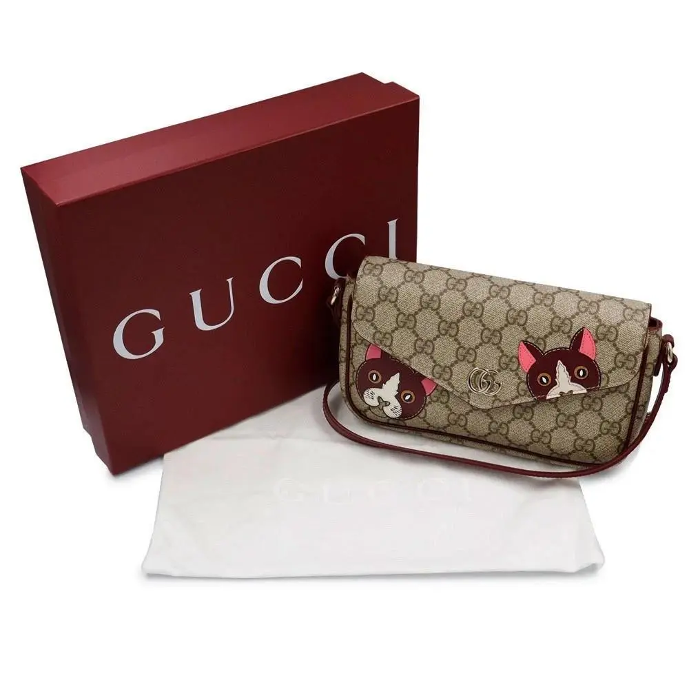 Gucci 818764 GG Mini with Cat Shoulder Bag GG Supreme Canvas Leather Beige