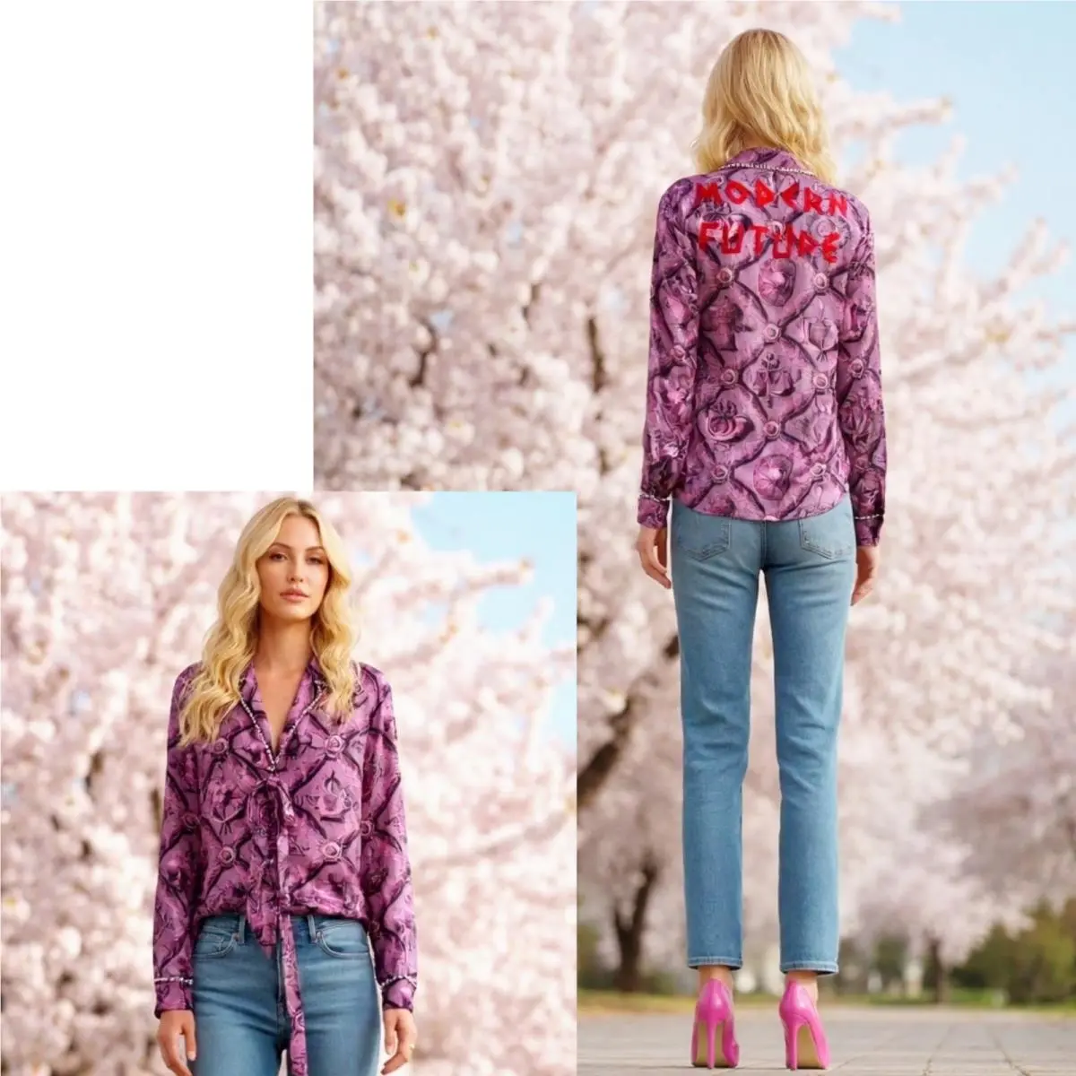 Gucci Modern Future Silk Pearl Blouse IT40 Purple Pink Scroll Print Dustbag