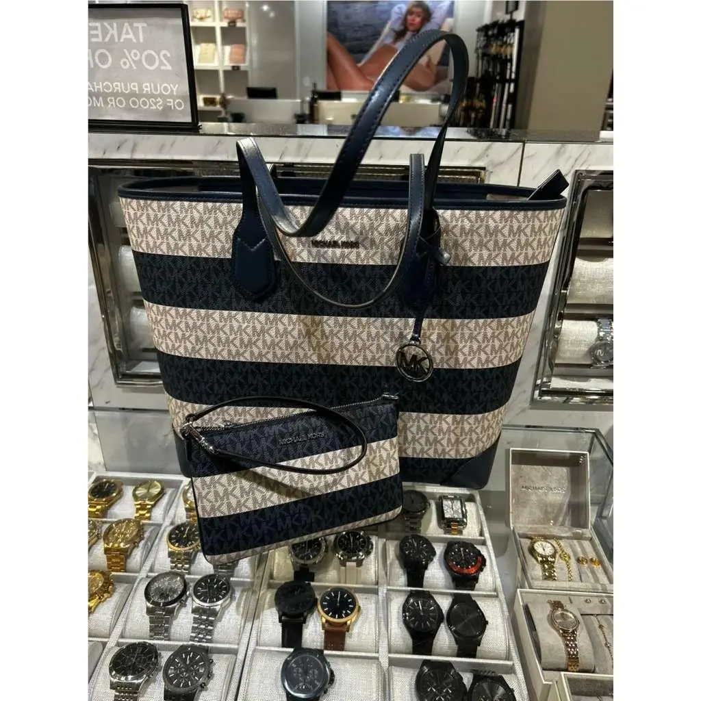 Michael Kors Eva Women Large Striped Logo Tote Bag+wristlet Wallet Set Variation
