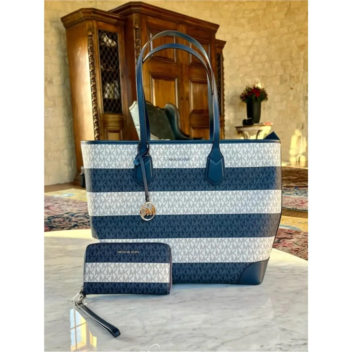Eva Women Large Striped MK Logo Tote Bag + Wristlet Wallet Navy by Michael Kors