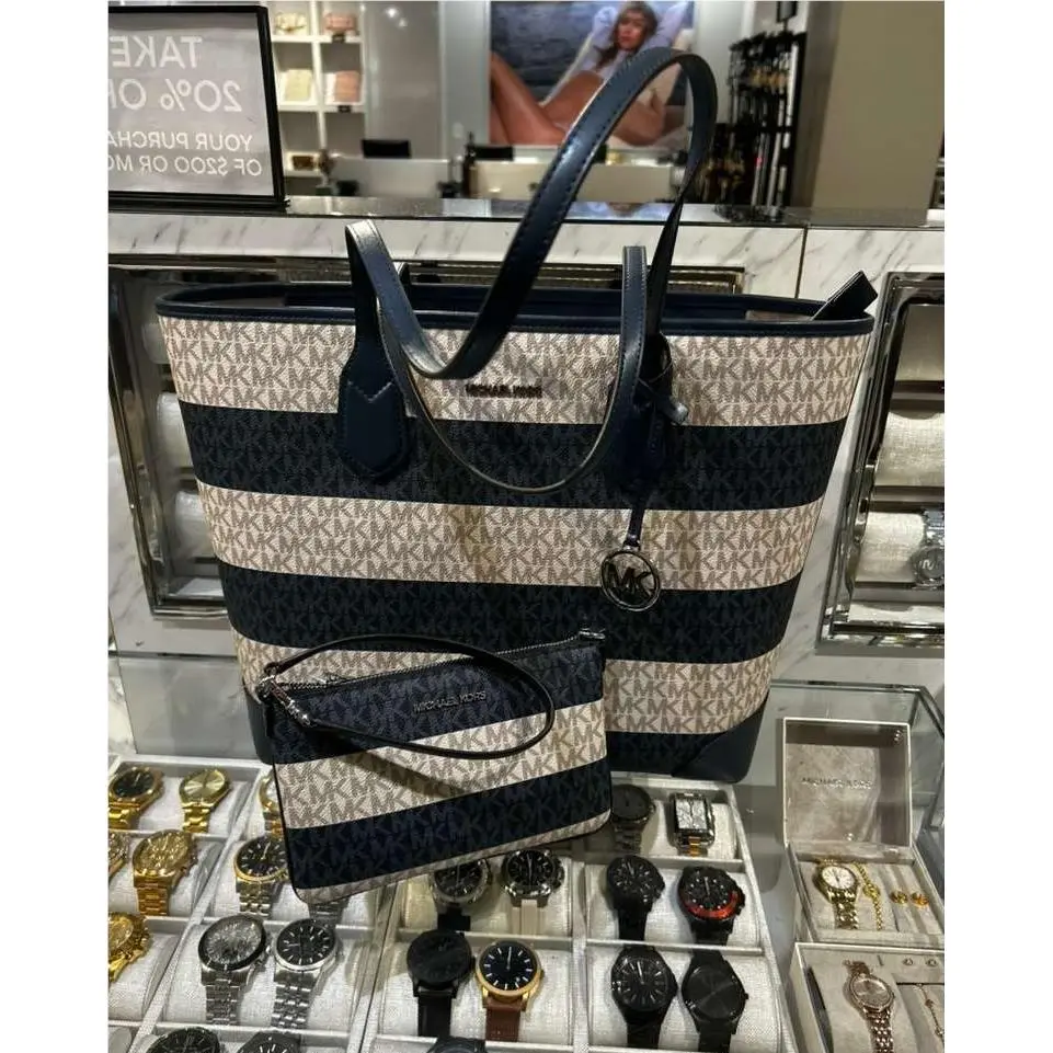 Michael Kors Eva Women Large Striped Signature MK Logo Shoulder Tote Bag Navy