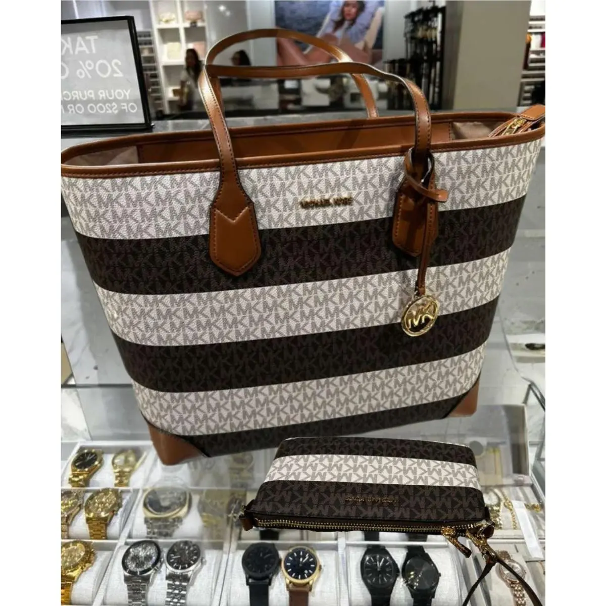 Michael Kors Eva Women Large Striped Signature MK Logo Shoulder Tote Bag Luggage