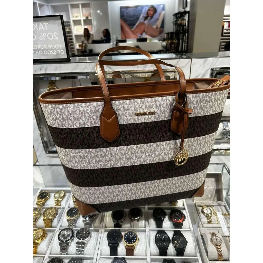 Michael Kors Eva Women Large Striped Signature MK Logo Shoulder Tote Bag Luggage