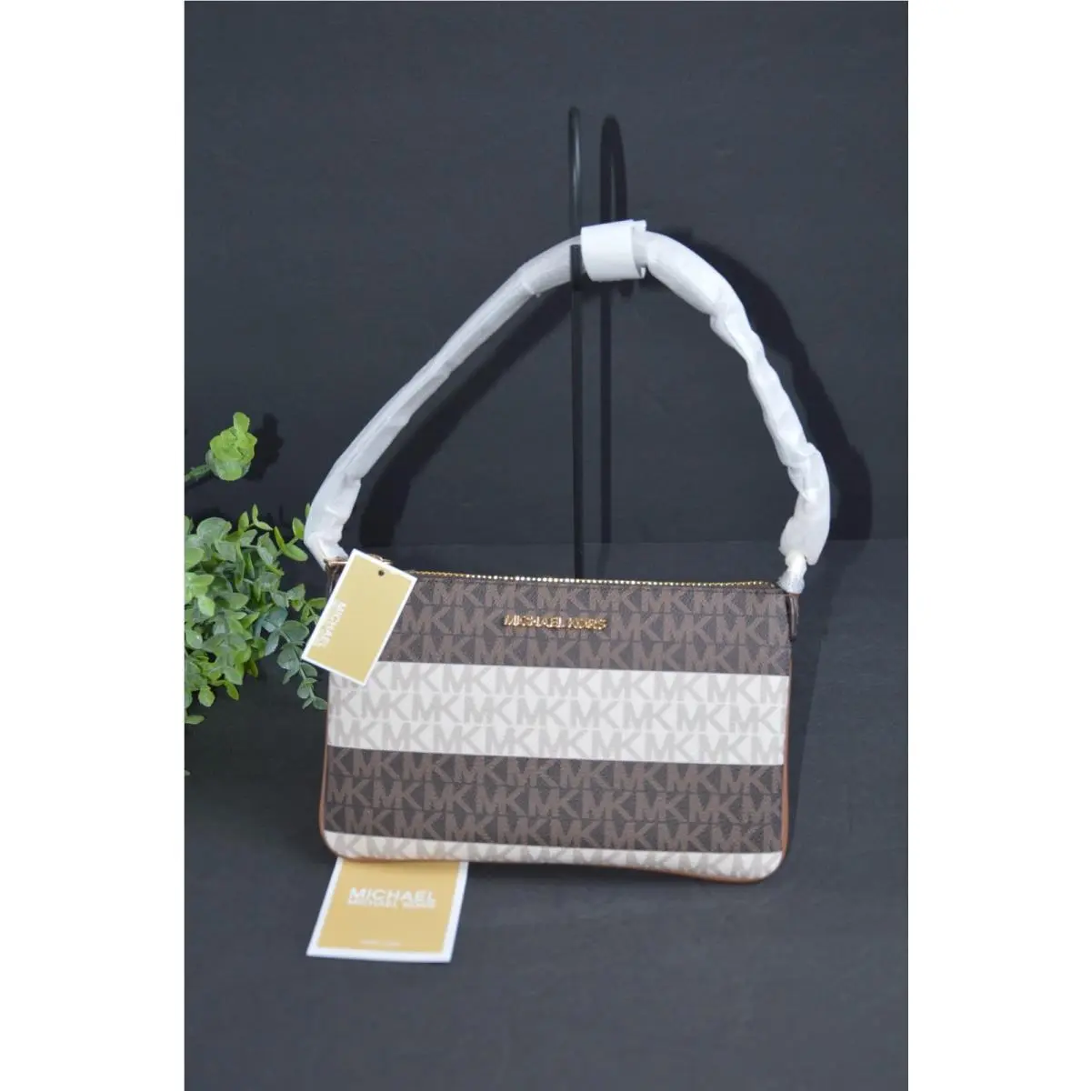 Michael Kors Jet Set Small Striped Logo Convertible Vanilla Brown Wristlet