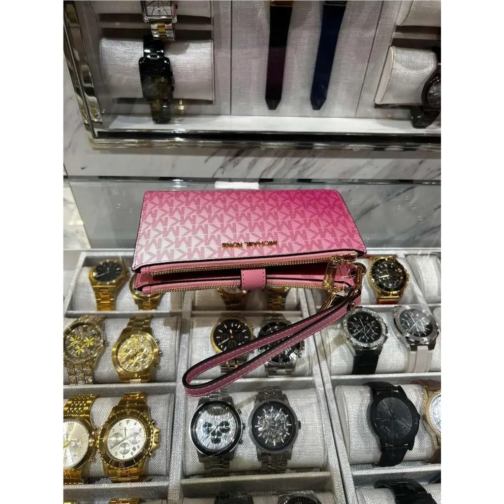 Michael Kors Jet Set Women Large Ombré Logo Double Zip Wristlet Wallet Carnation
