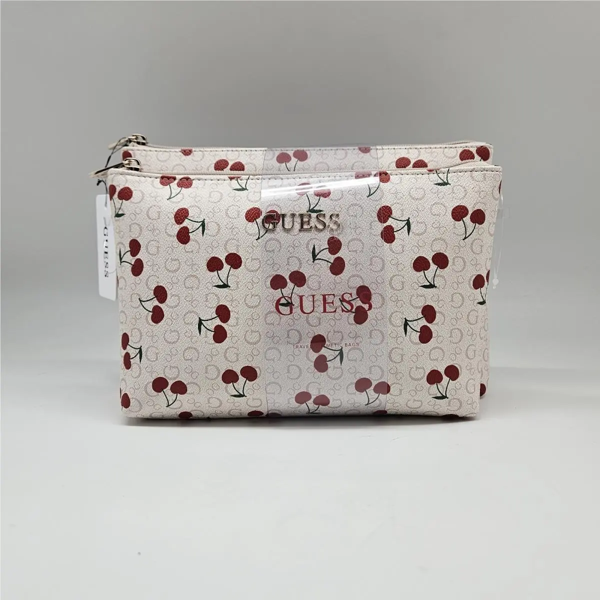 Guess 2 PC Set Beige Red Cherry Logo Travel Cosmetic Bag Makeup Case Pouch