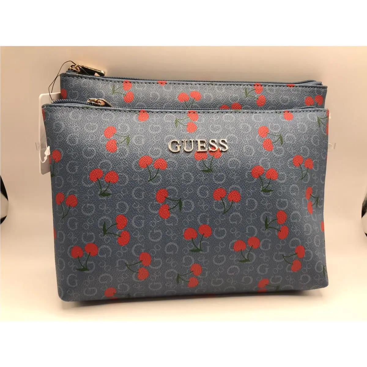 Women`s Set OF 2 Guess Tana Travel Blue Denim/red Cherries Cosmetic Bags