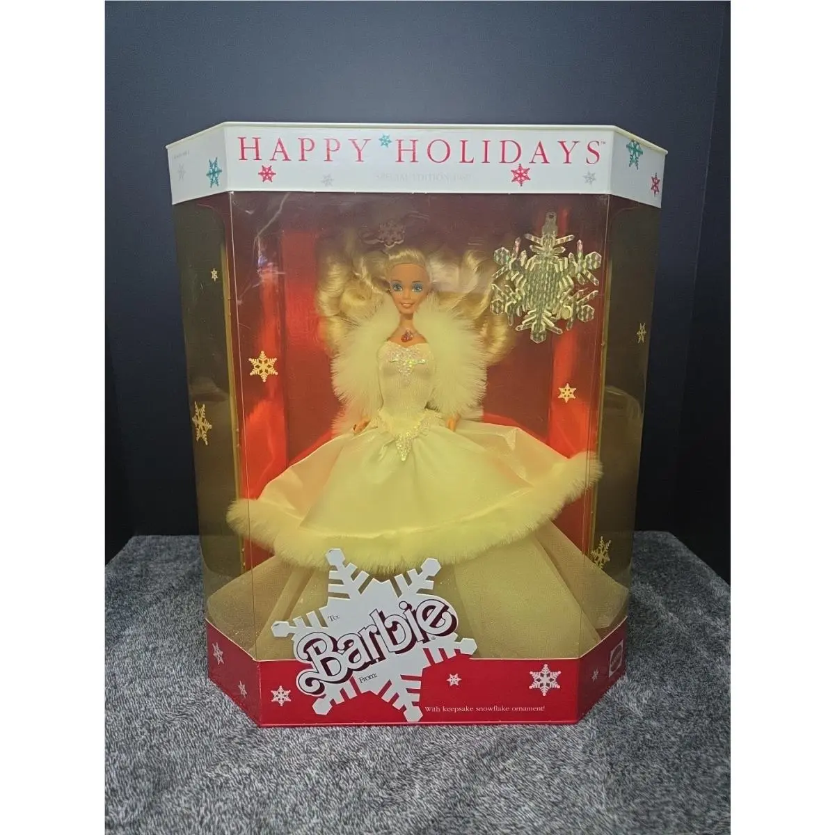 1989 Mattel Barbie Doll Ornament Special Edition Happy Holidays White Dress