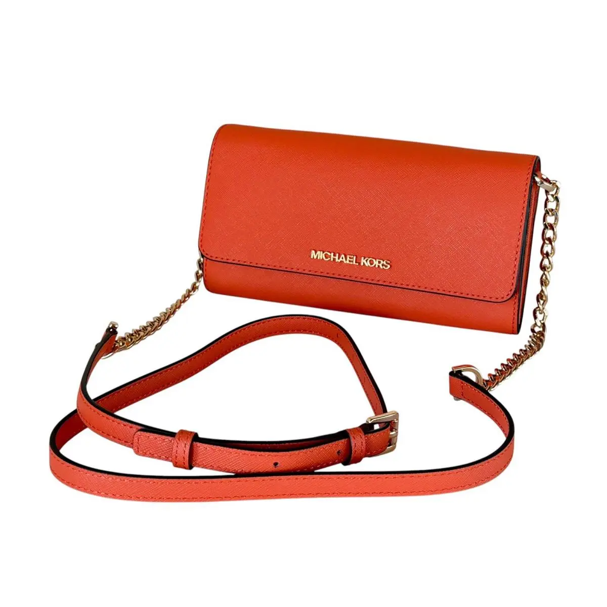 Michael Kors Jet Set Item LG Wallet On Chain Crossbody Bag Orange Tangerine