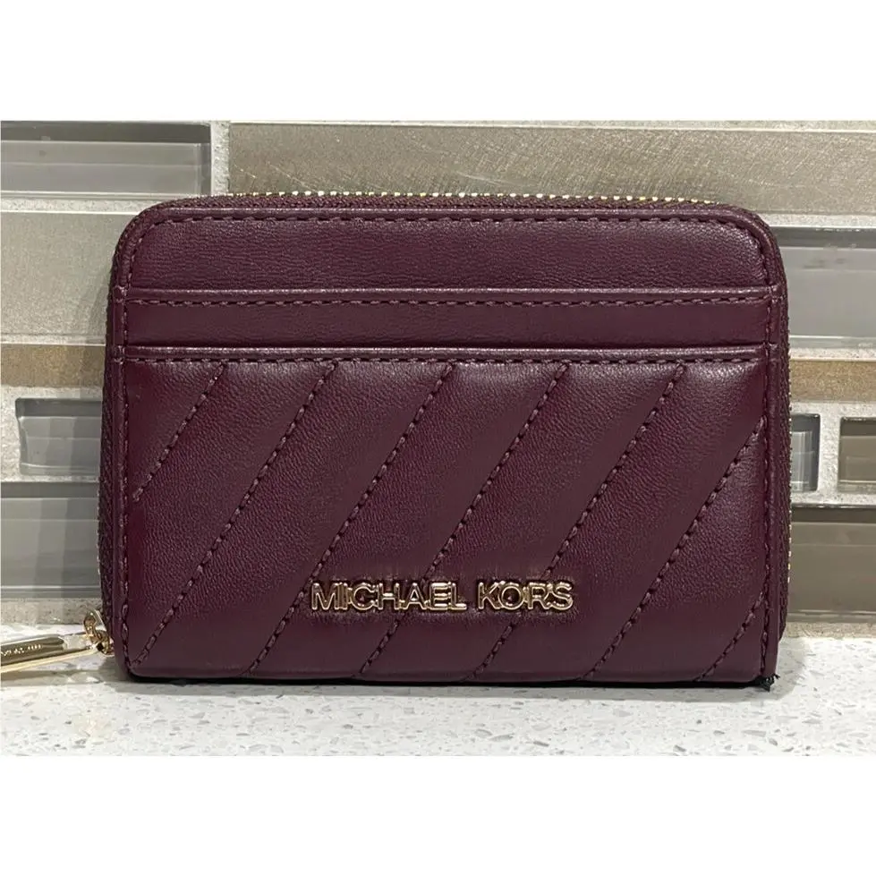 Michael Kors Jet Set Travel Medium Zip Around Card Case Wallet Merlot Burgundy