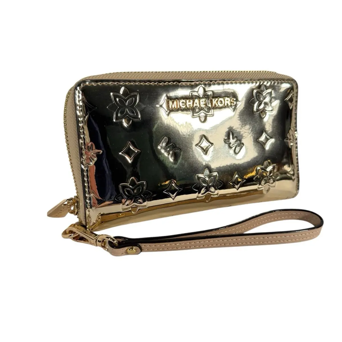 Michael Kors Floral Emblellished Gold Metallic Leather Jet Set Wristlet