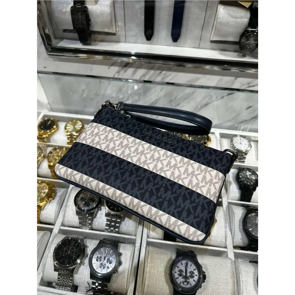 Michael Kors Jet Set Travel Small Striped Logo Convertible Wristlet Wallet Navy