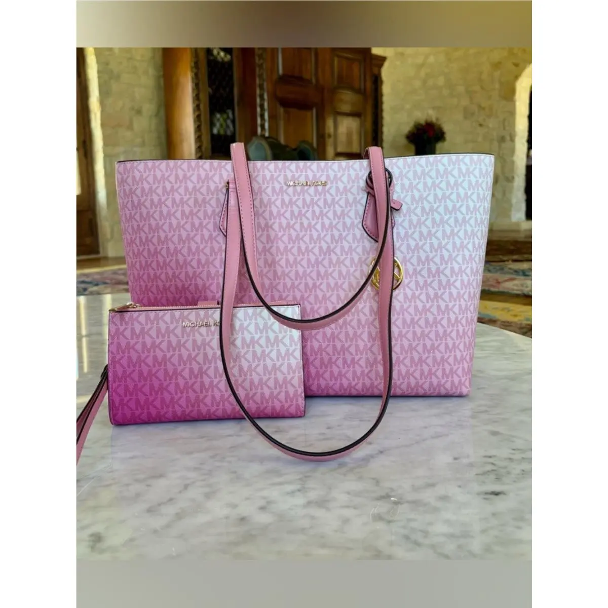 Sheila Large Ombre Signature Logo Tote Bag and Wallet Carnation by Michael Kors