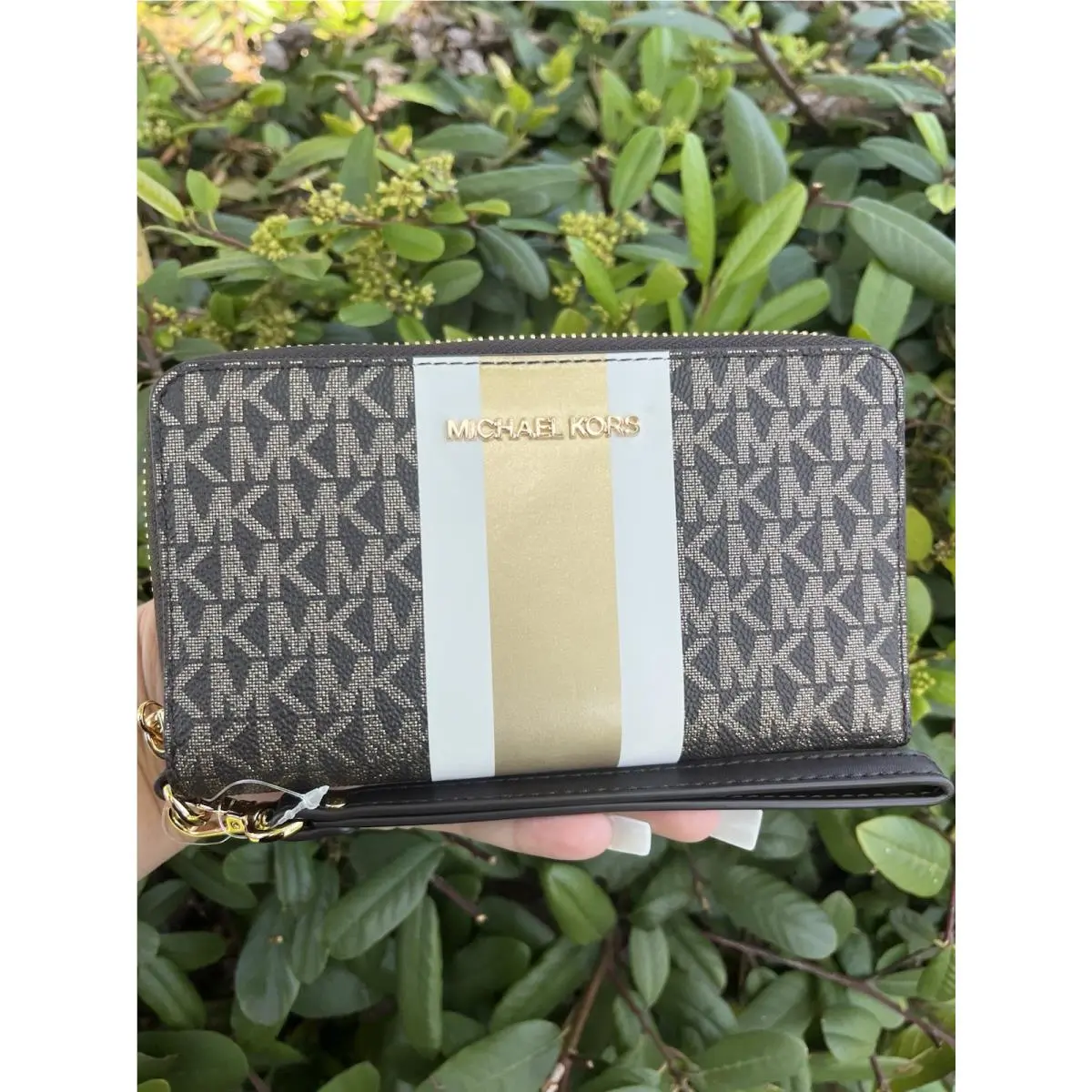 Michael Korsjet Set Large Metallic Signature Logo Stripe Smartphone Wallet