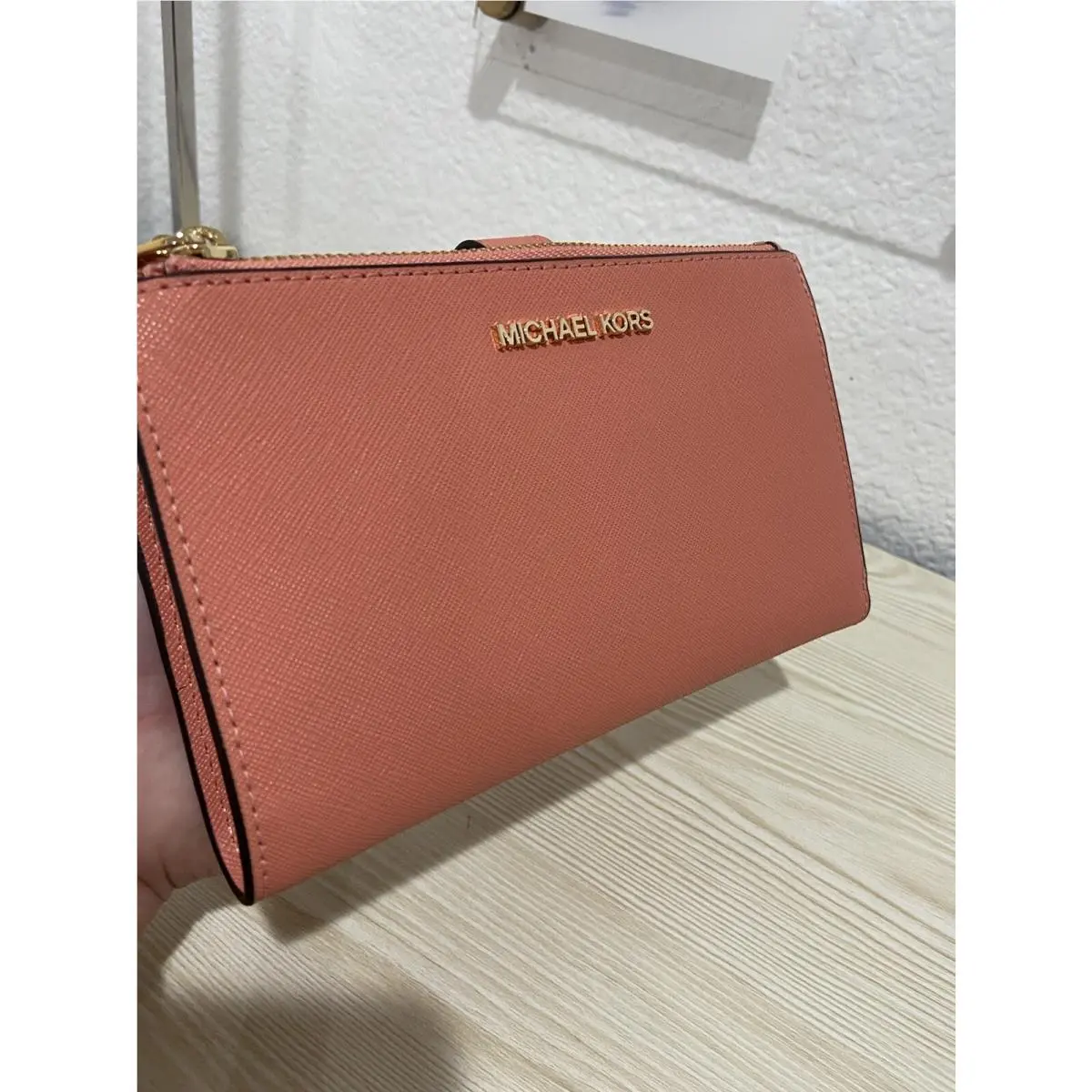 Michael Kors Jet Set Travel Lg Double Zip Wristlet Leather Wallet Sherbert