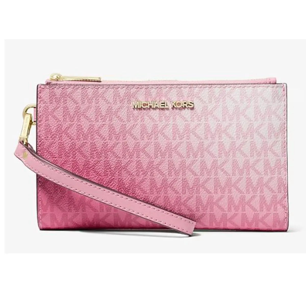 Michael Kors Outlet Large Jet Set Ombre Signature Logo Wristlet 35R6GTVW3B-Carna - Exterior: Carnation, Hardware: Gold