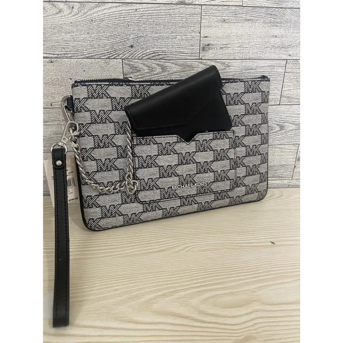 Michael Kors Jet Set Large 2 IN 1 Card Case Wristlet Clutch Black Jacquard