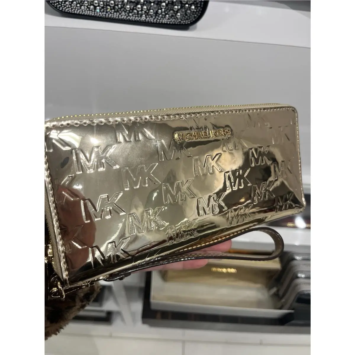 Michael Kors Jet Set Large Metallic Gold MK Logo Debossed Continental Wallet