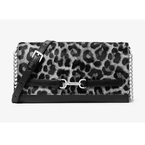 Michael Kors Carson Large Wallet Crossbody Bag MK Black Grey Leopard Animal