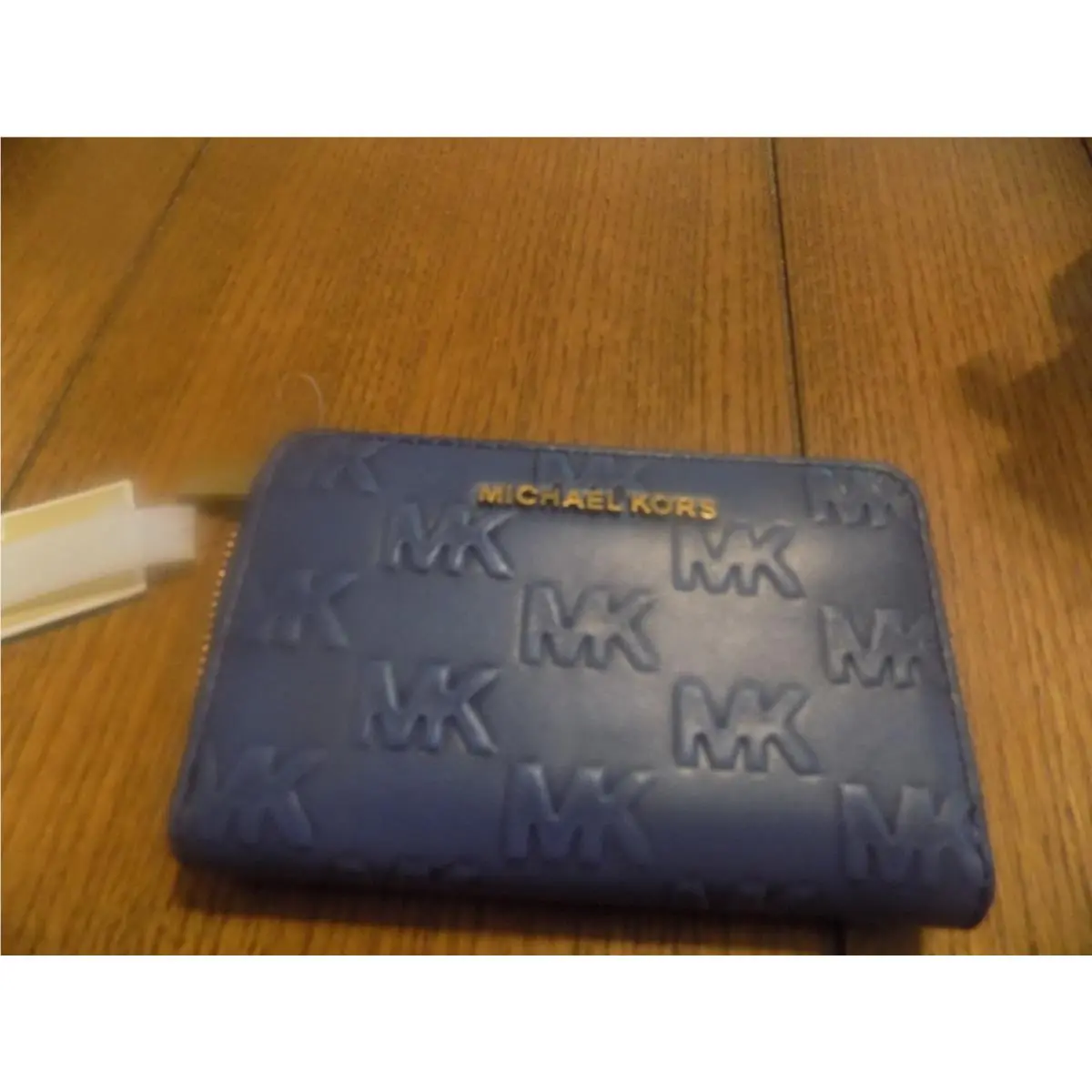 Michael Kors Zip Around Card Case Wallet In French Blue MK Logo Embossed Leather