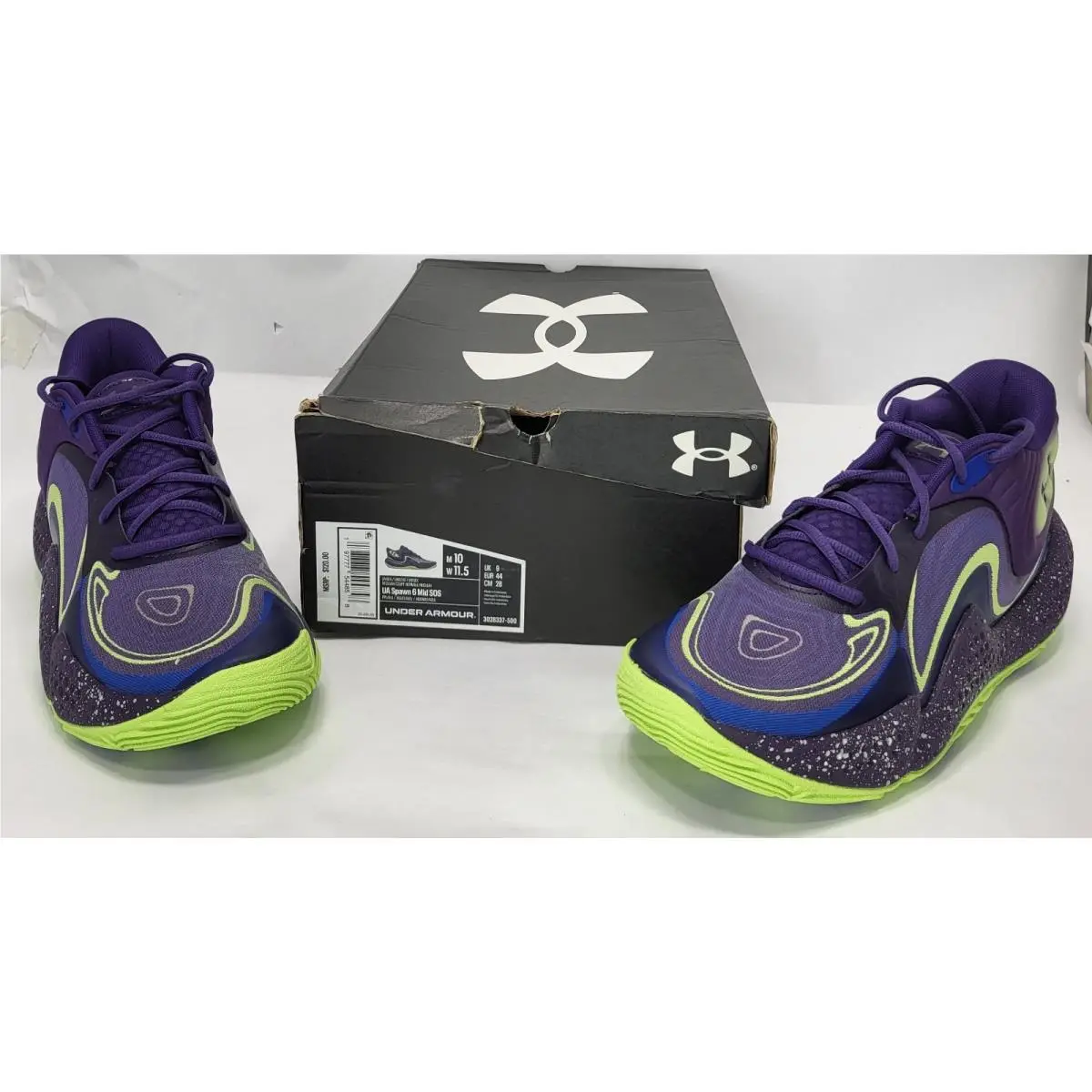Under Armour Basketball Shoes Men`s Size 10 Purple Green Spawn 6 Mid Sos