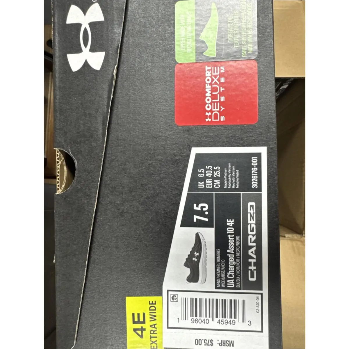 Under Armour Men`s UA Charged Assert Wide 4E Running Shoes Black White 7.5