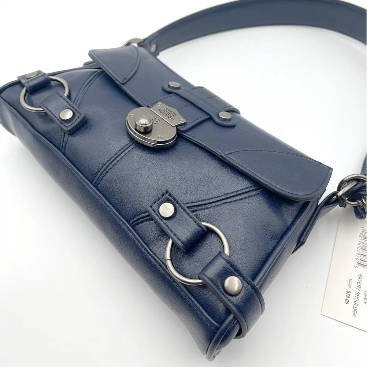 Steve Madden Womens Navy Y2K Moto Baguette Shoulder Bag + Wallet