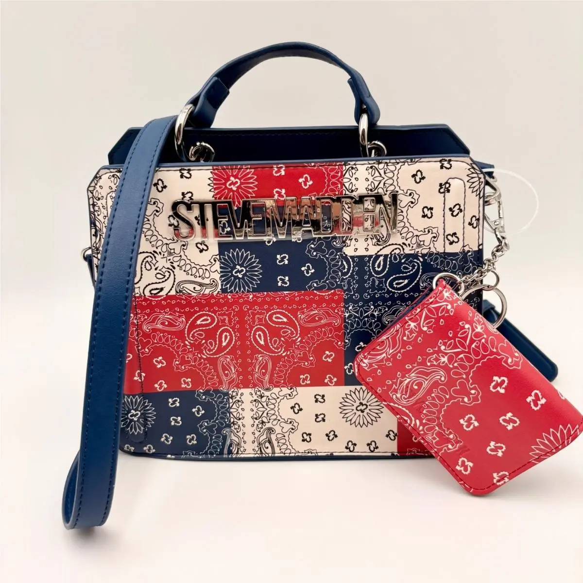 Steve Madden Bandana Patchwork Crossbody Bag Navy Blue Red White Satchel Purse