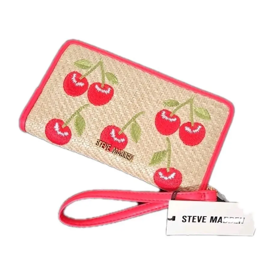 Steve Madden Bzip Seasonal Cherry Wallet Tan Red Straw Embroidered Wristlet