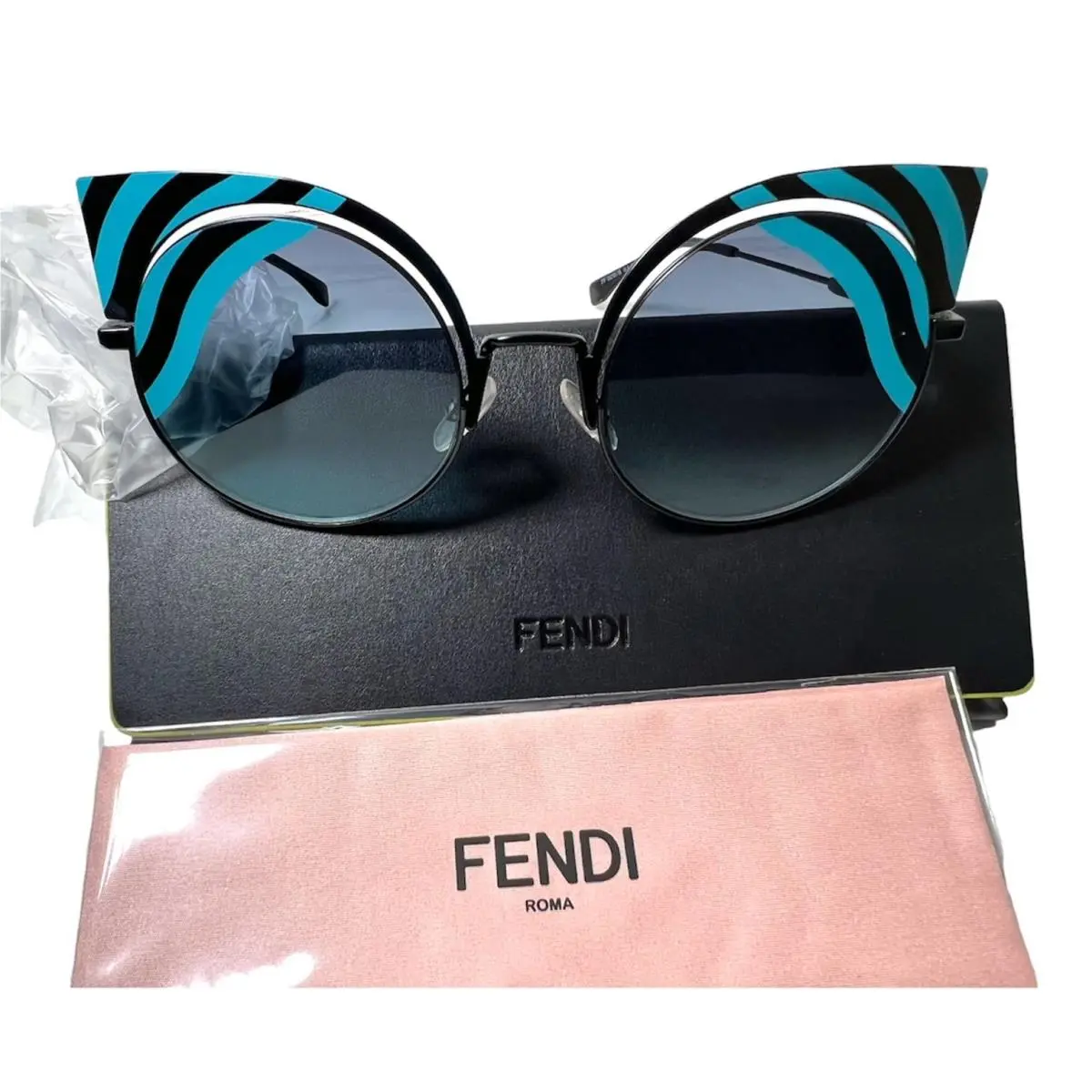 Fendi Womens Blue Retro Cats Eye Metal Frames Tinted Sunglasses with Case