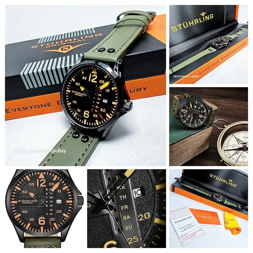 Stuhrling Aeronaut Men`s Watch Green Black Japan Quartz Leather 3916 Aviator