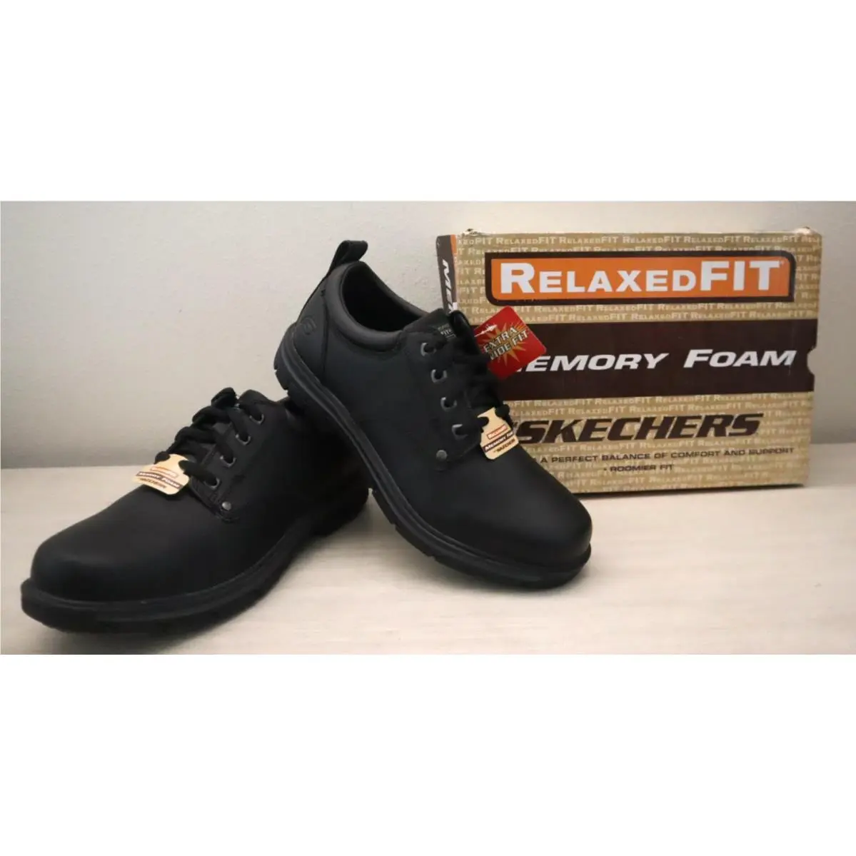 Skechers 64260EW Men`s Sz 11.5 EW Black Segment Relaxed Fit Oxford Shoes