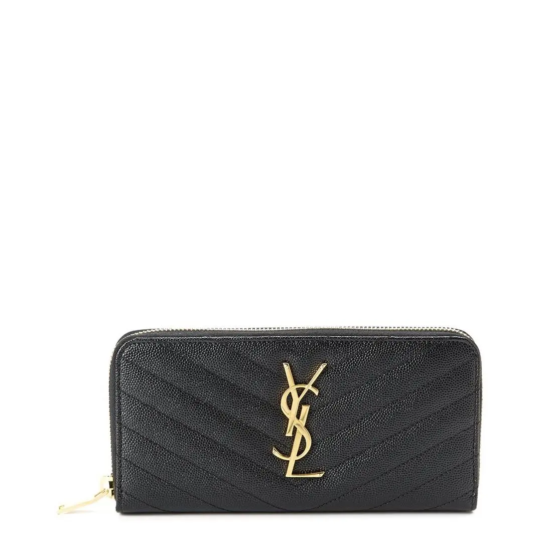 Saint Laurent Monogram Matelasse Leather Zip Around Wallet Women`s Black