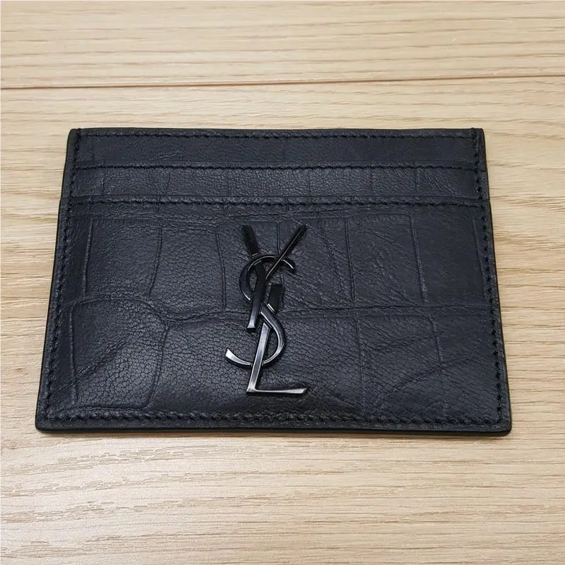 Ysl Yves Saint Laurent Black Leather Croc Embossed Monogram Card Case