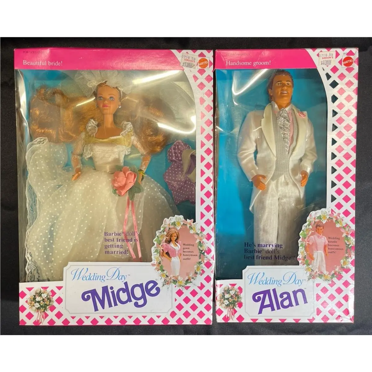 Barbie 1990 Vintage Wedding Day Midge Barbie and Alan Dolls-nrfb Set Of 2