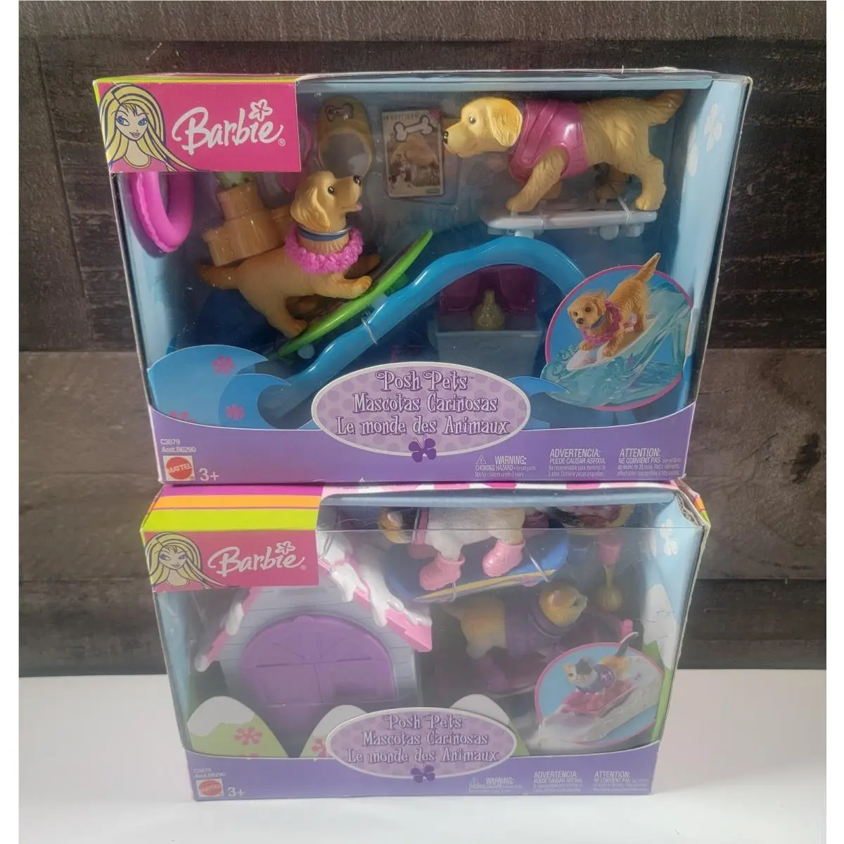 Barbie 2003 Posh Pets Surfing Puppies C3879 Kitty Cat Snow Sledding C3878