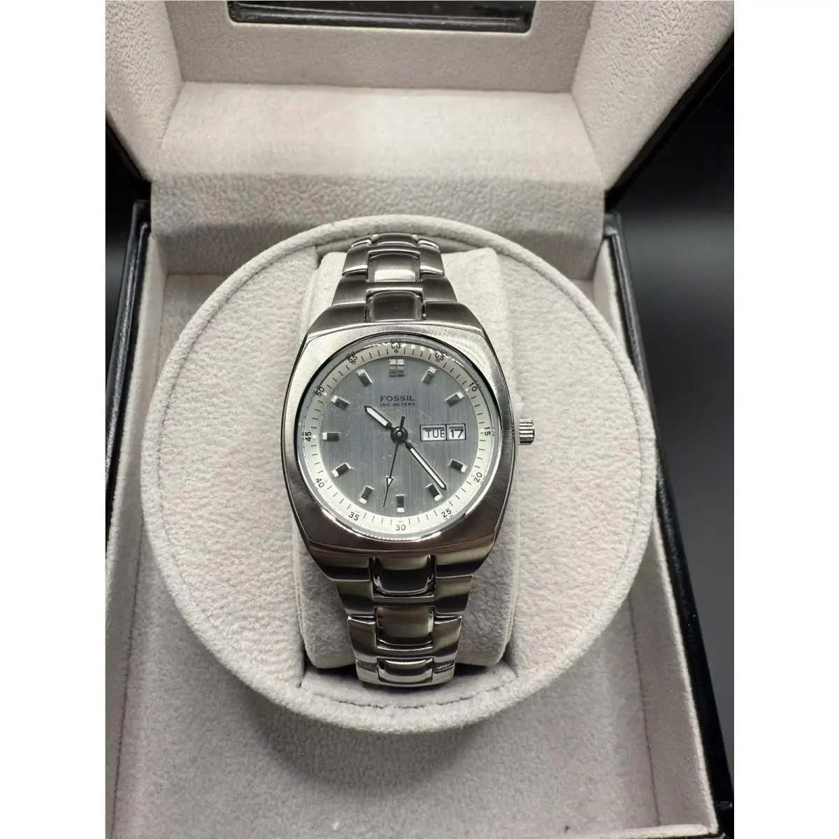 Fossil PR‑5235 Stainless Steel Men’s Quartz Watch Silver Dial Date w/ Tin ￼