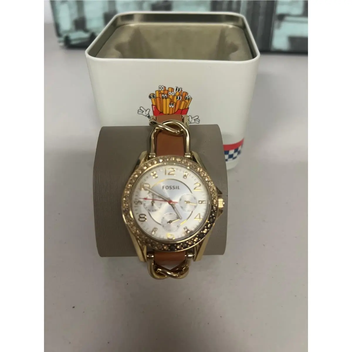 Fossil ES3723 Riley Brown Leather Analog Silver Dial Quartz Watch