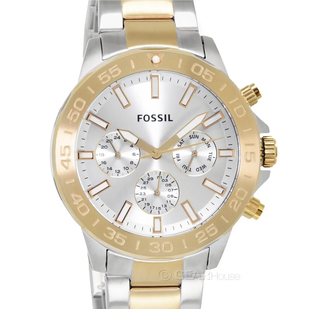 Fossil Bannon Mens Multifunction Watch Two-tone Silver Gold Stainless Steel Band
