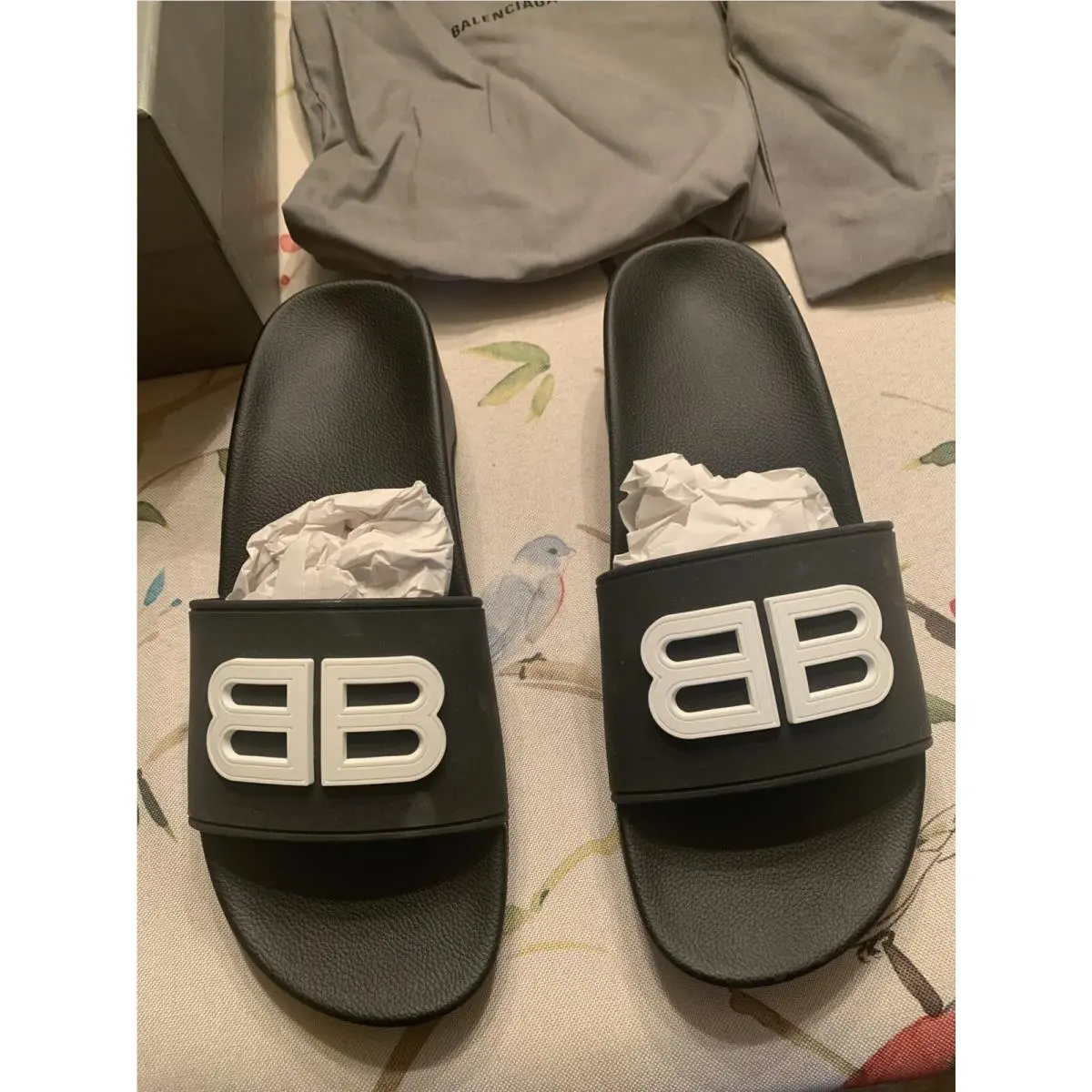 Balenciaga Box Logo Slip On Sandals Womens US Size 9 EU 39C Black Leather