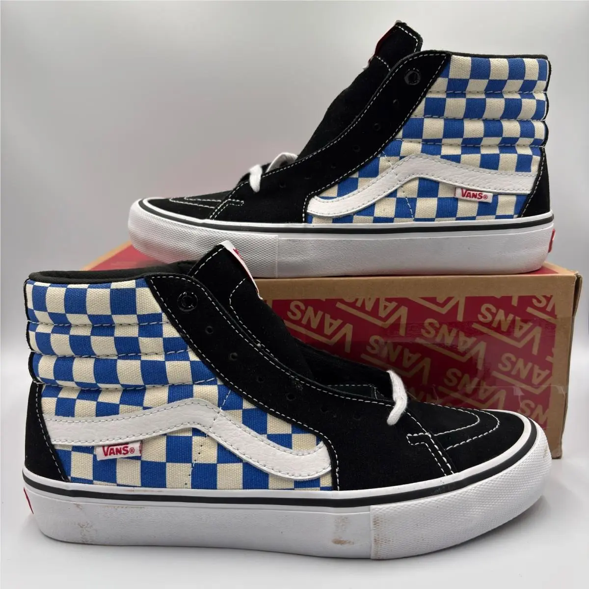 Vans Sk8-Hi Pro Classics Black Blue Checkerboard High Top Skate Shoes Mens 8.0
