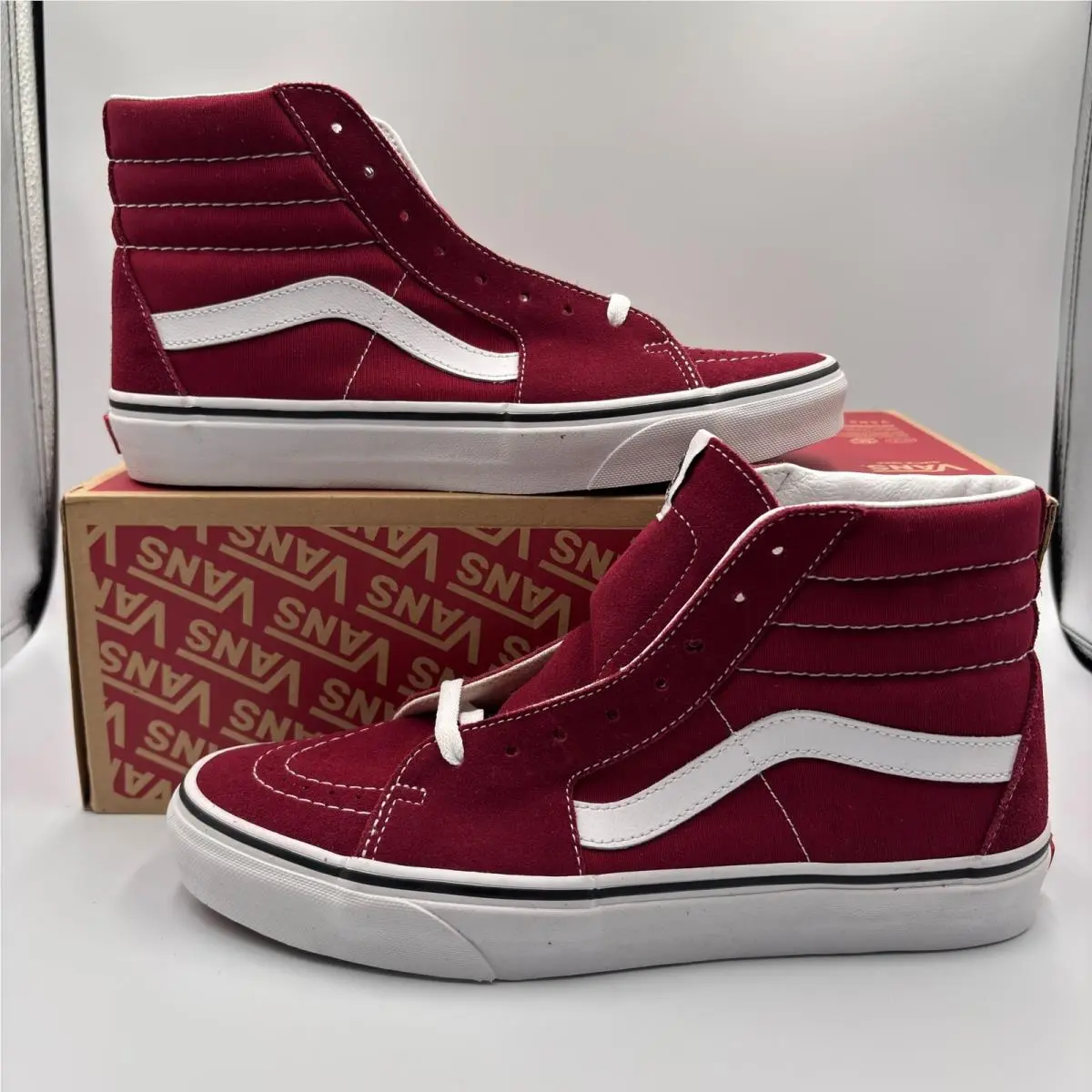 Vans Sk8-Hi High Top Sneakers Burgundy Maroon White Mens 8.5 Womens 10