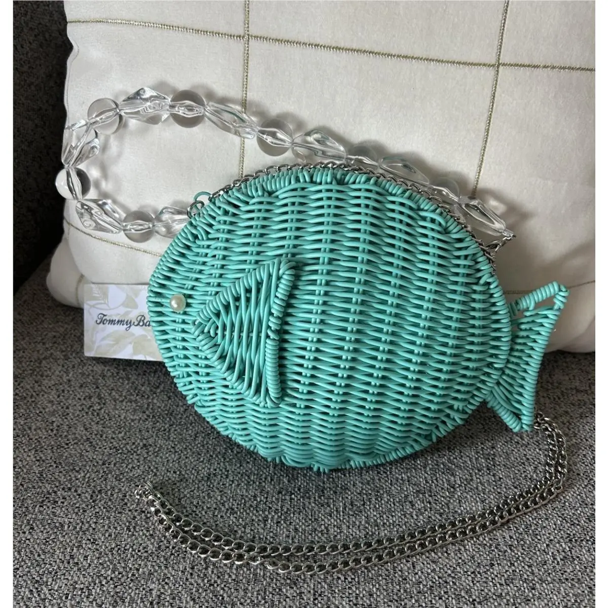 Tommy Bahama Viral Aqua Blue Fish Woven Wicker Clutch Bag Tropical Handbag