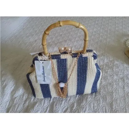 Tommy Bahama Woven Straw Frame Bag Blue Stripe Kiss Lock. with Chain and Tag